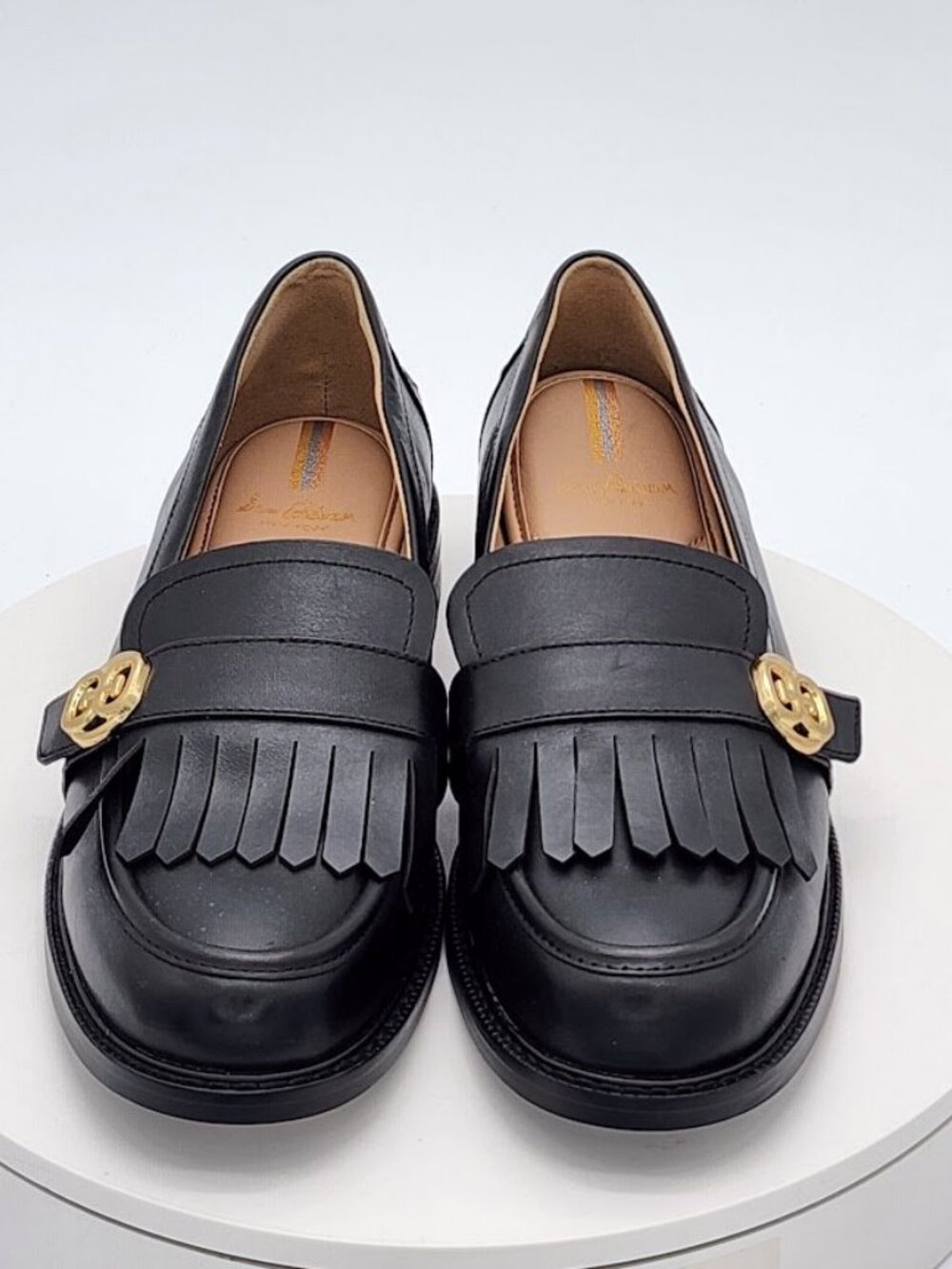 Black Leather Fringe Loafers with Gold Accent - Picture 7 of 9